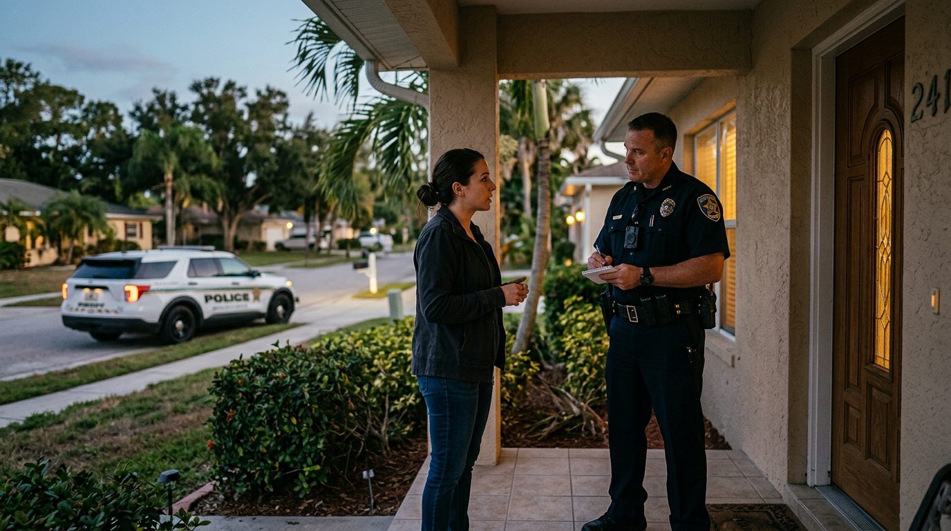 A person speaks with a law enforcement officer on a residential front porch at dusk, with a patrol car parked at the curb.