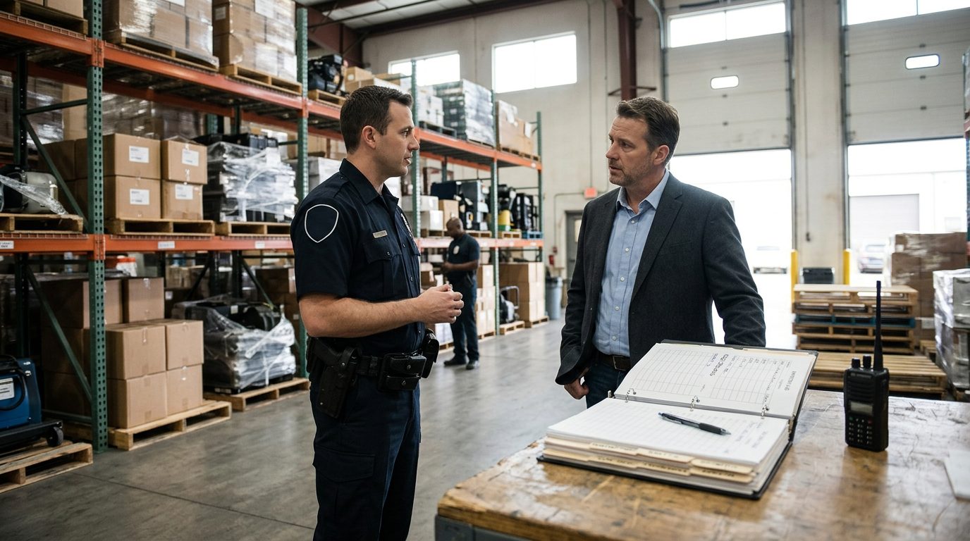 Una persona conversa con un agente de policía en un almacén junto a estanterías, registros de inventario y documentos de acceso.