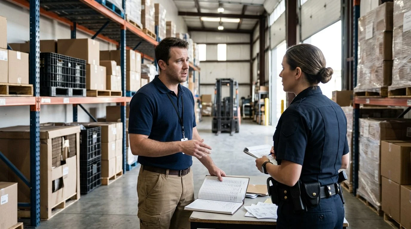 A person speaks with a police officer in a warehouse, with inventory logs and access records visible.