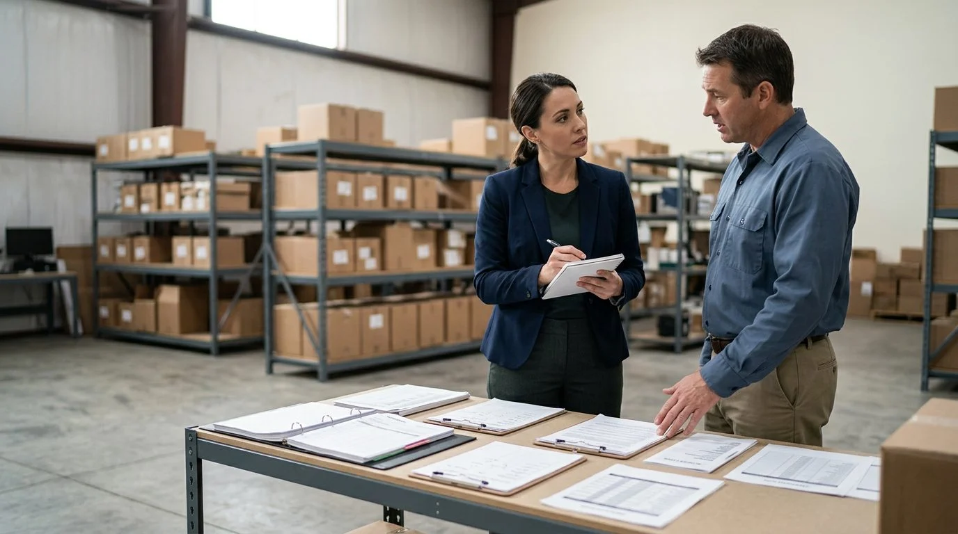 A person speaks with a police officer in a warehouse, with inventory logs and access records visible nearby.