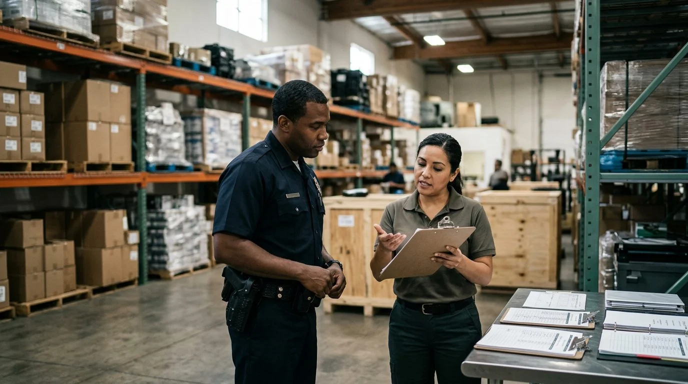 A person speaks with a police officer in a warehouse, with inventory logs and access records visible.