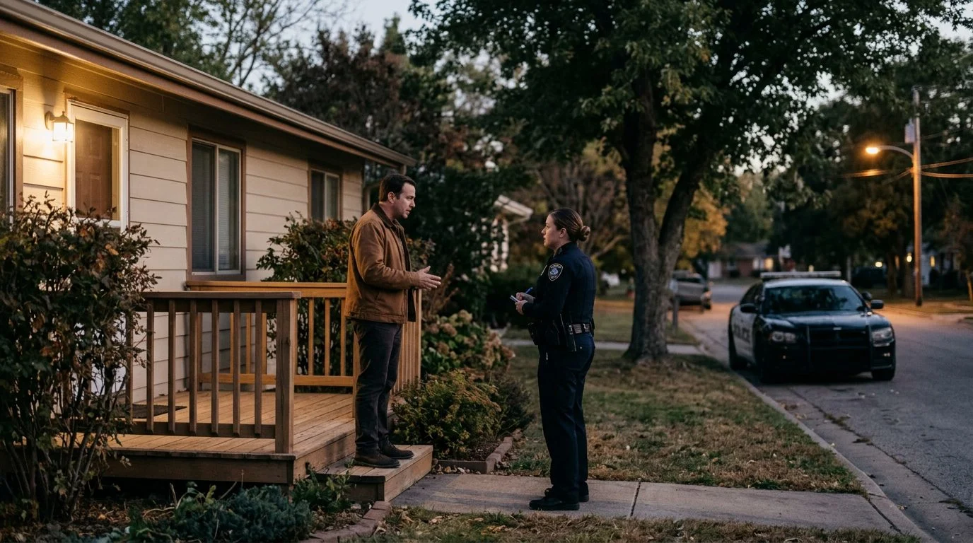 A person speaks with a police officer on a residential front porch at dusk, with a patrol car parked at the curb.