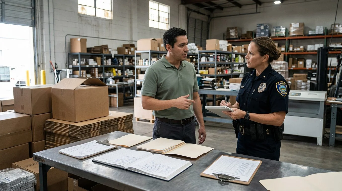 A person talking with a police officer in a warehouse near inventory logs during a theft investigation.