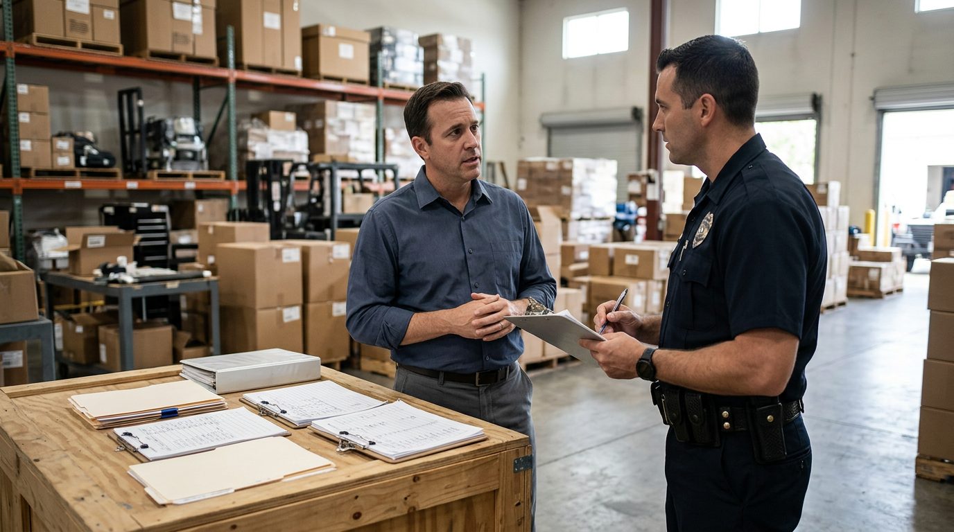 A person talking with a police officer in a warehouse, with inventory logs and access records visible.