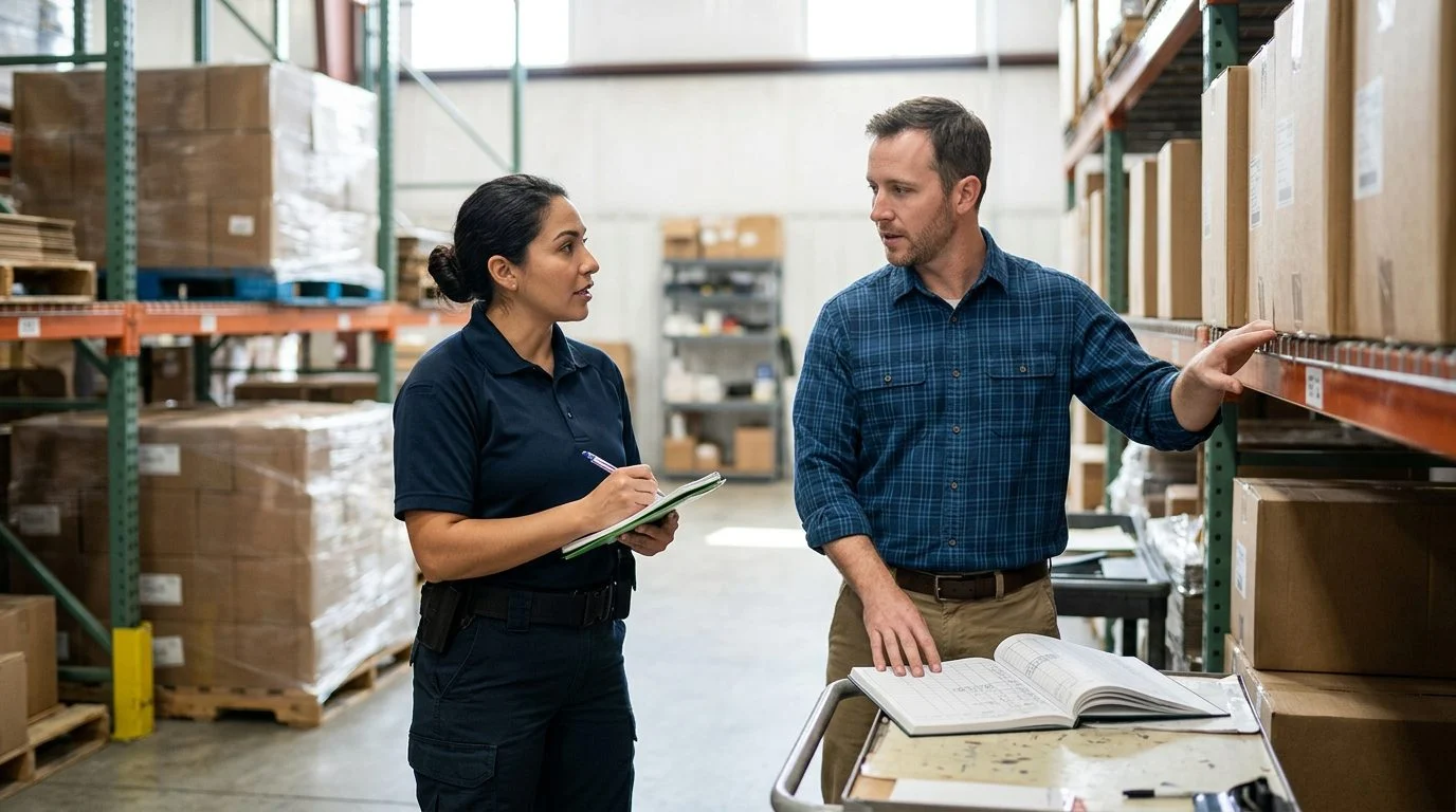 A person talks with a police officer in a warehouse, with inventory logs and access records visible.