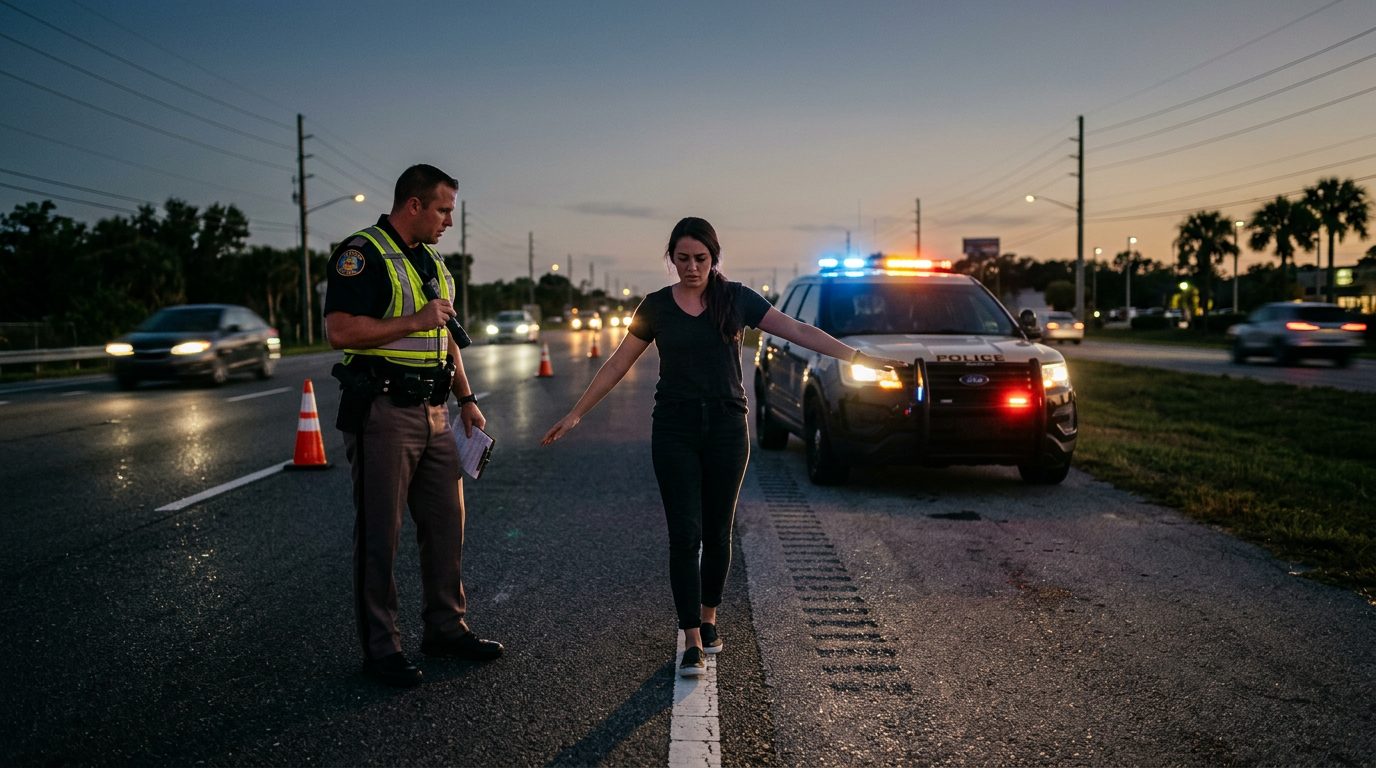 Un agente de policía realiza una prueba de sobriedad en el arcén de una carretera de noche, con las luces de una patrulla encendidas al fondo.