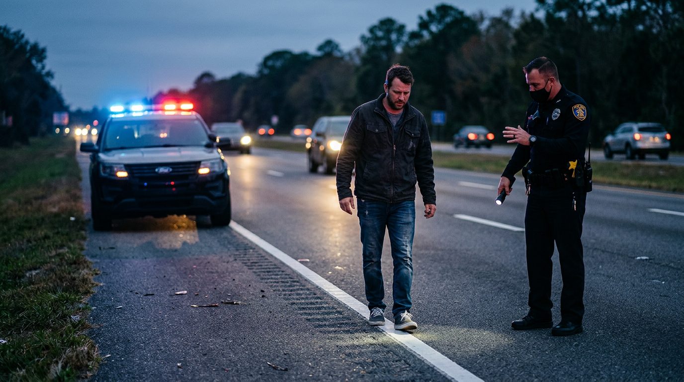 Un agente de policía realiza una prueba de sobriedad en el borde de la carretera de noche, con las luces de la patrulla encendidas al fondo.