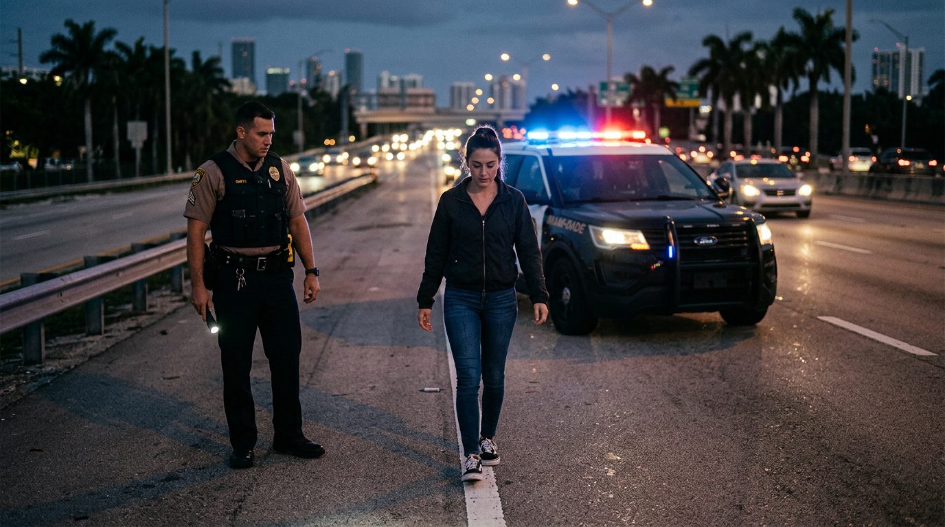 A police officer administers a roadside sobriety test at dusk while patrol car lights flash in the background.