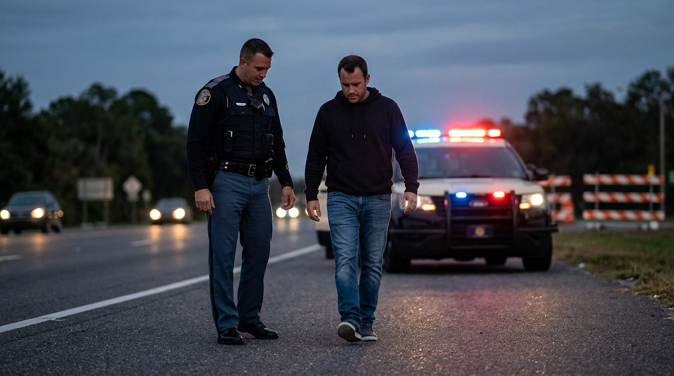 Un agente de policía realiza una prueba de sobriedad en la carretera de noche, con las luces de la patrulla encendidas al fondo.