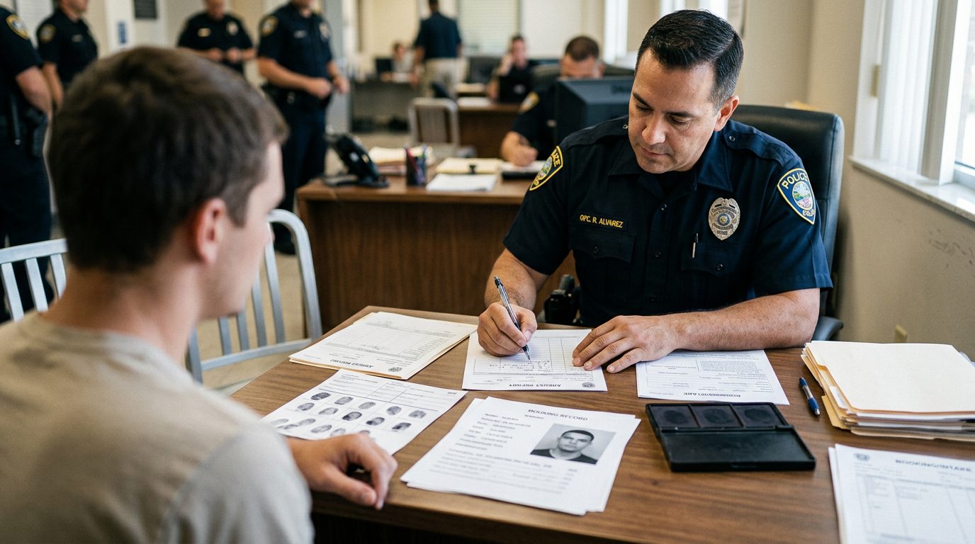 A police officer at a station booking desk documents an arrest, with fingerprint cards and offense paperwork in view.