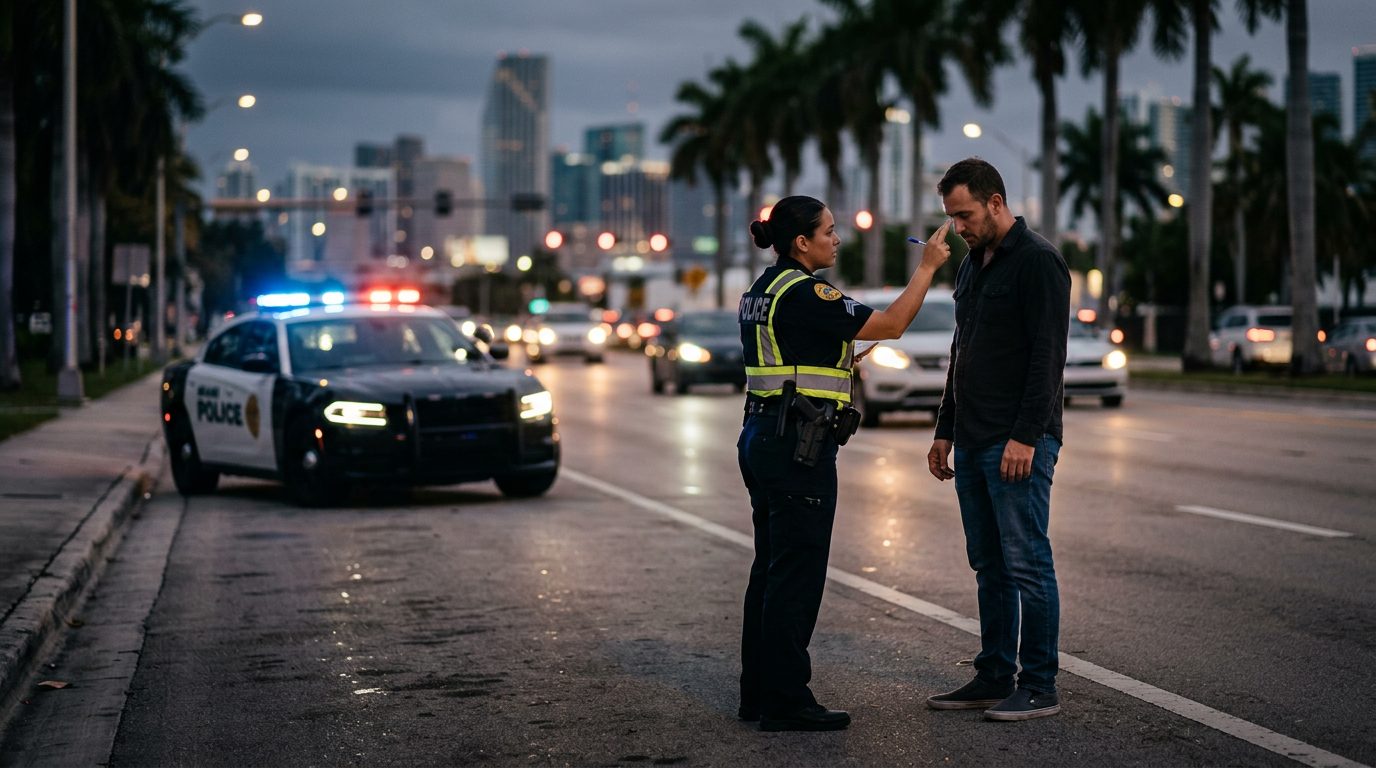 A police officer conducts a roadside field sobriety test at night, with patrol car lights glowing behind him.