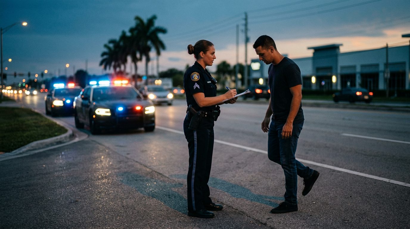 A police officer conducts a roadside field sobriety test at night, with patrol car lights flashing in the background.
