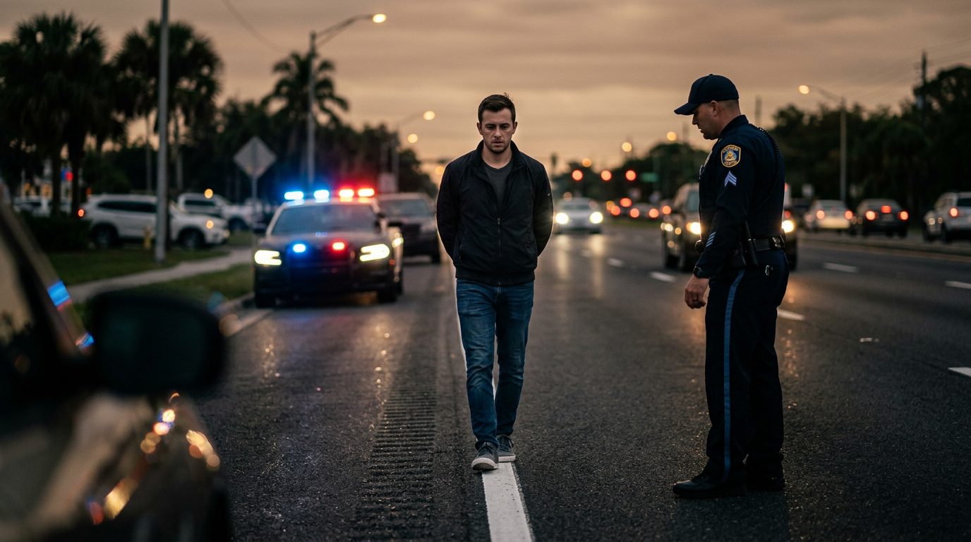 Un agente de policía realiza una prueba de sobriedad en el arcén de la carretera de noche, con las luces de la patrulla destellando detrás.