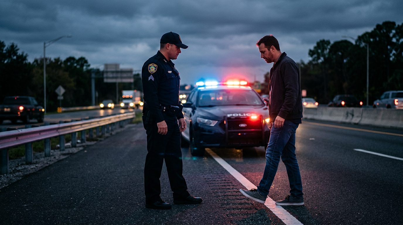 Un agente de policía realiza una prueba de sobriedad en el arcén de la carretera de noche, con las luces de la patrulla destellando detrás.