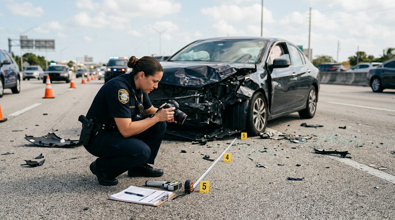 Un agente de policía fotografía los daños de un vehículo en una escena de accidente en la autopista, con marcadores de evidencia en la carretera.