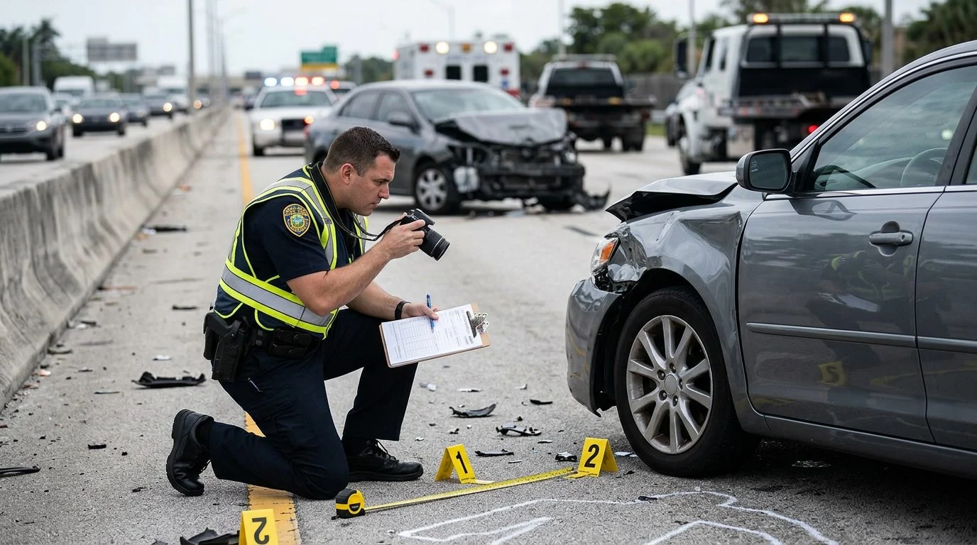 A police officer photographs damaged vehicles and places evidence markers at a daytime highway crash scene.
