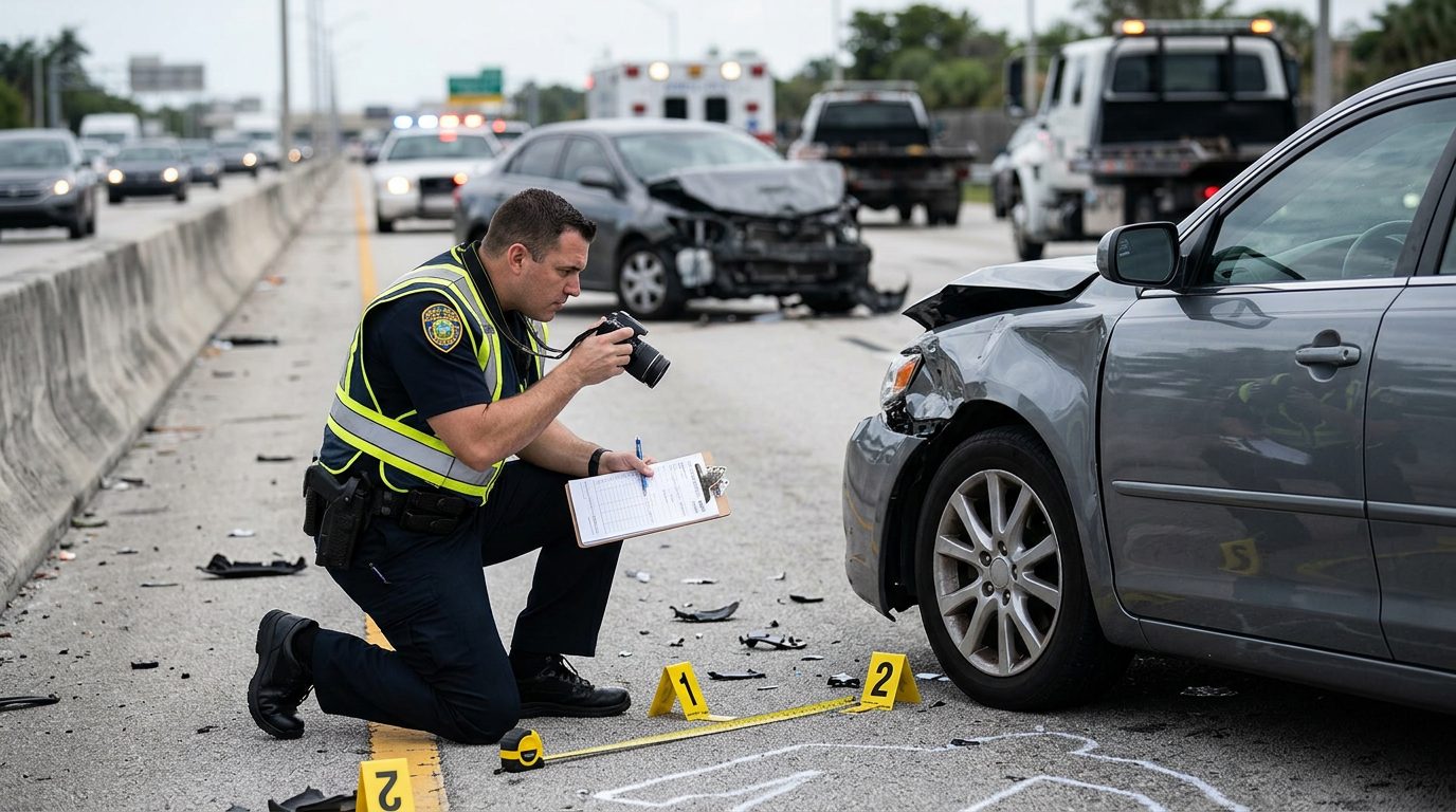 Un agente de policía fotografía vehículos dañados y coloca marcadores de evidencia en una carretera durante el día.