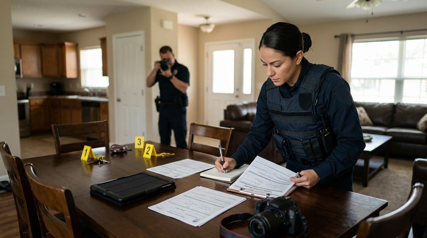 A police officer photographs evidence markers and incident forms on a table at a residential location.
