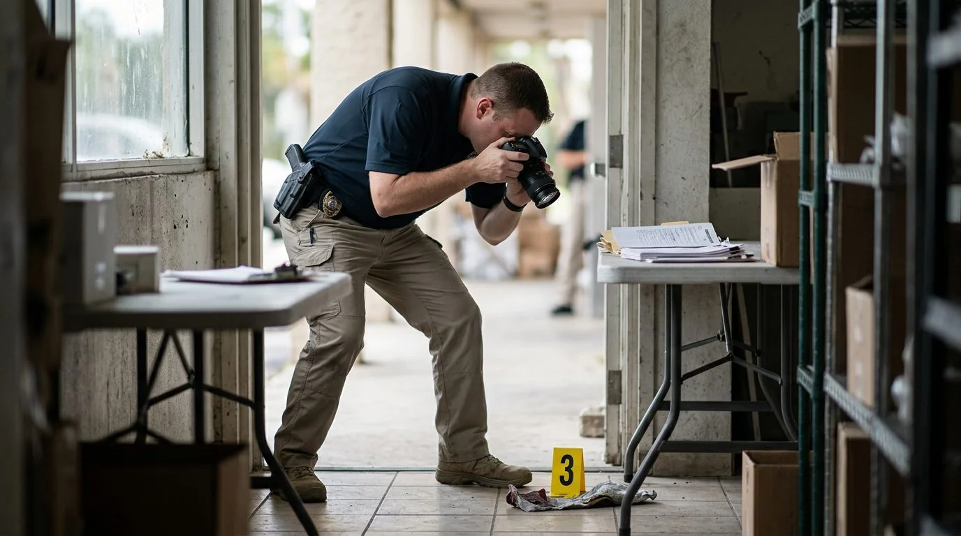 Agente de policía fotografía marcadores de evidencia en una escena de incidente a plena luz del día.