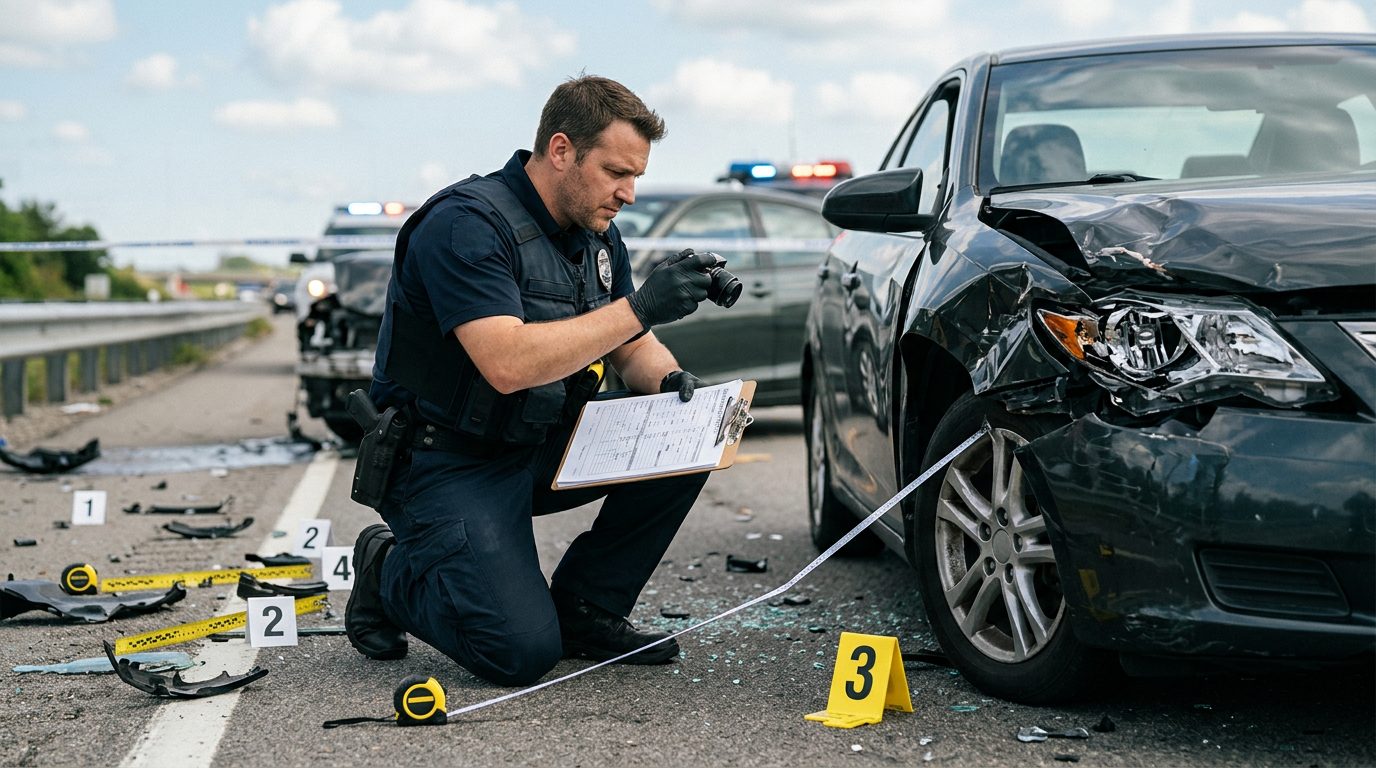 A police officer photographs vehicle damage and places evidence markers at a daytime highway crash scene.