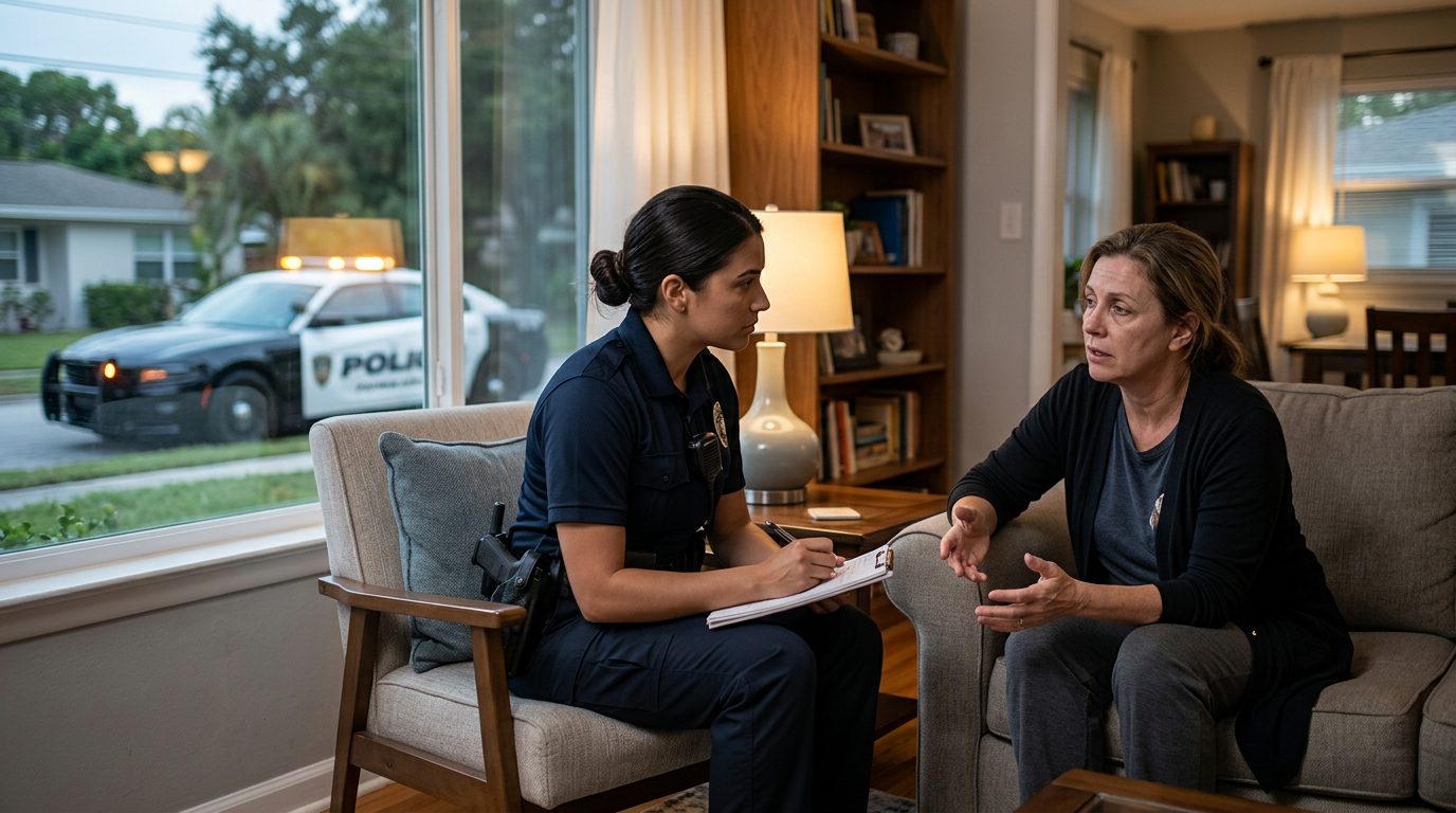A police officer takes a statement from a person in a living room at night, with a patrol car visible through the window.