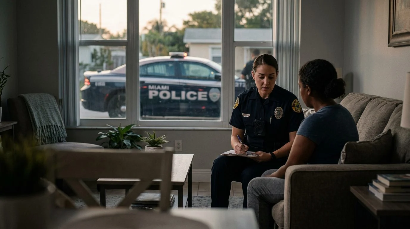 A police officer takes a statement from a person in a living room while a patrol car is visible through the window at night.