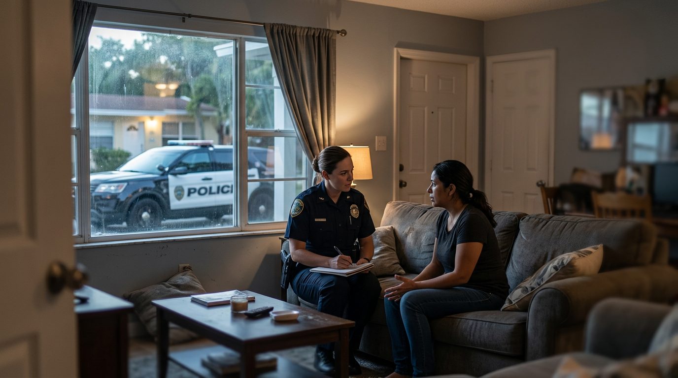 A police officer takes a statement from a person in a living room while a patrol car is visible through the window at night.
