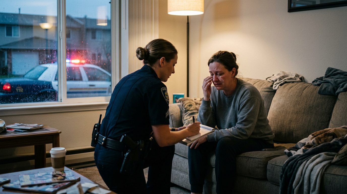 A police officer takes a statement from a person in a living room at night, with a patrol car visible through the window.