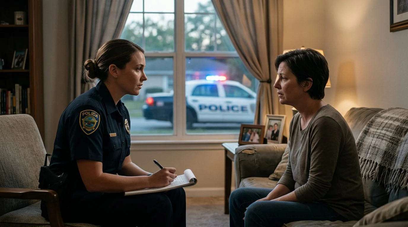 A police officer takes a statement from a person in a living room at night, with a patrol car visible through the window.