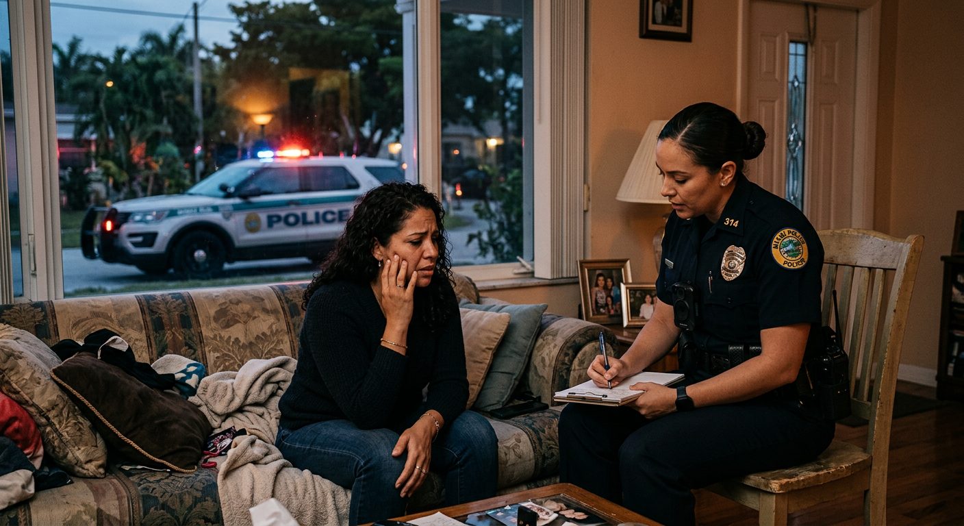 A police officer takes a statement from a person in a living room at night, with a patrol car visible through the window.