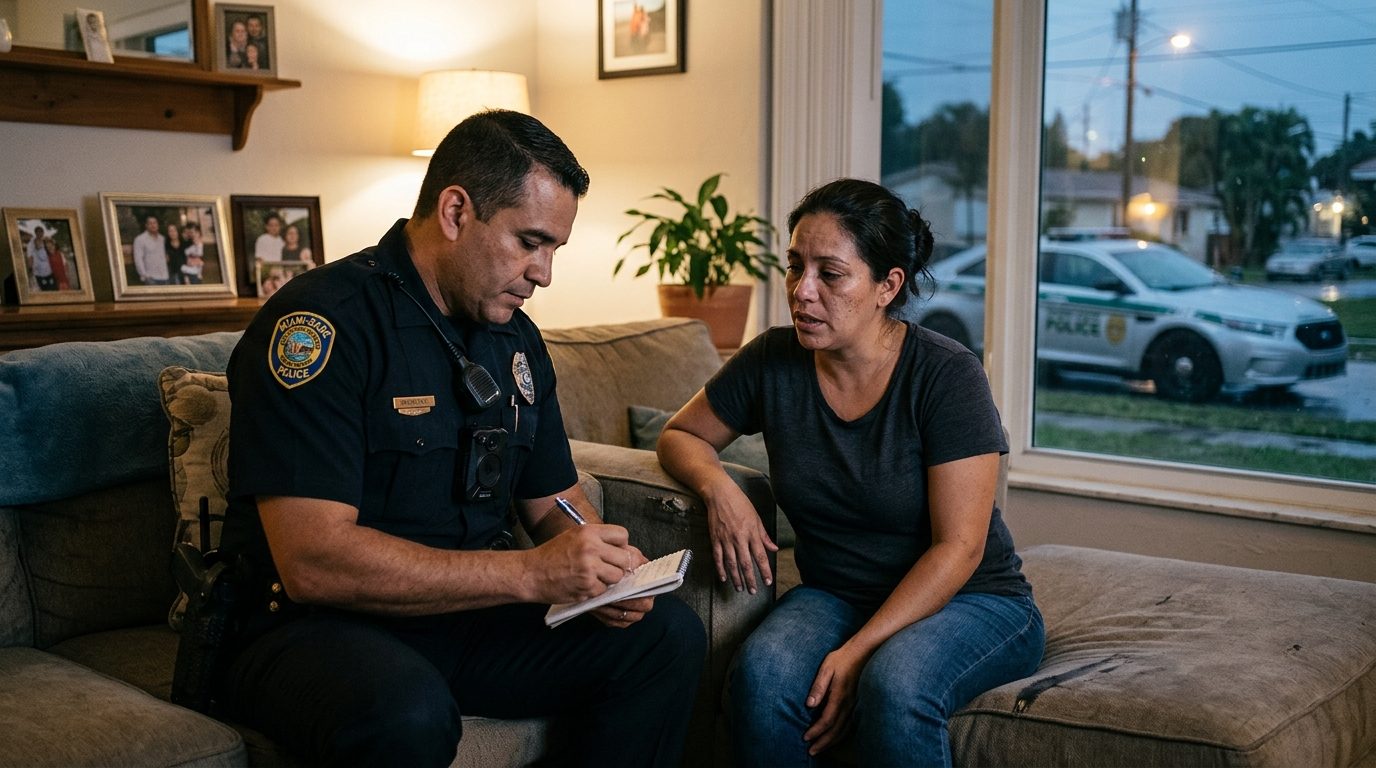 A police officer takes a statement from a person in a living room during an evening domestic incident response, with a patrol car visible through the window.
