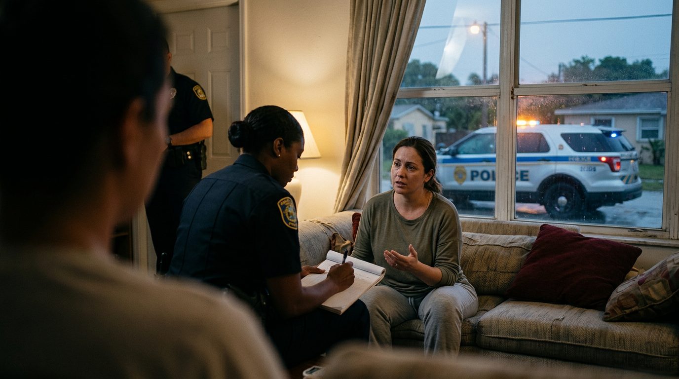 A police officer takes a statement from a person in a residential living room while a patrol car is visible through the window.