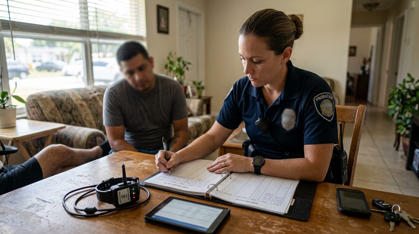 A probation officer documents compliance records during a daytime home visit, with monitoring equipment and visit logs in view.