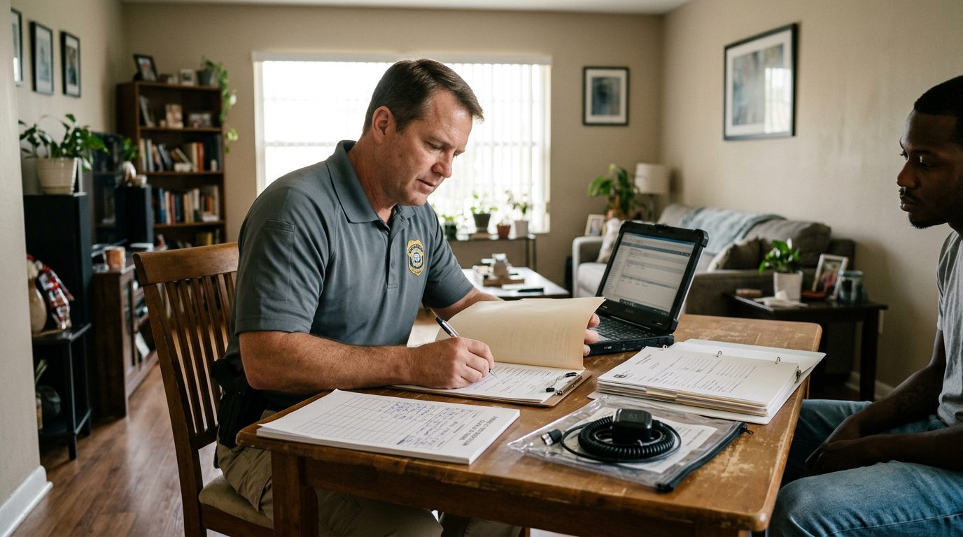 A probation officer in uniform reviews compliance paperwork and logs during a daytime home visit at a residence.