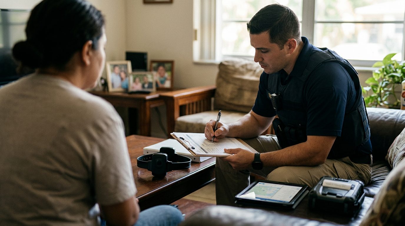 A probation officer makes a daytime home visit, reviewing compliance logs at a residence.