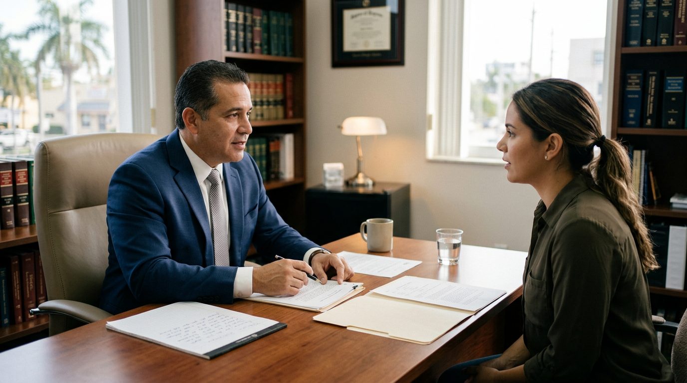Abogado en oficina de consulta legal para casos de violencia doméstica en Hialeah.