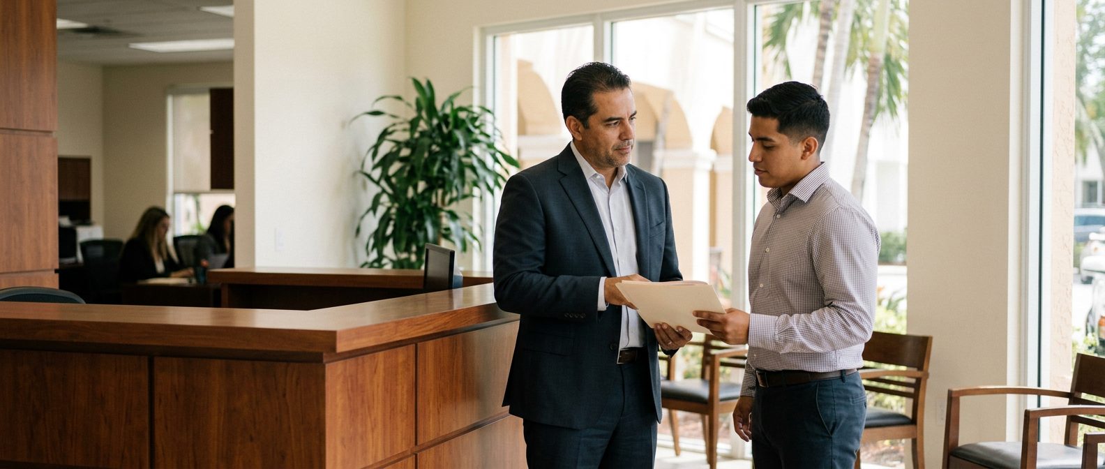 Abogado en oficina de Coral Gables revisando documentos legales de defensa.