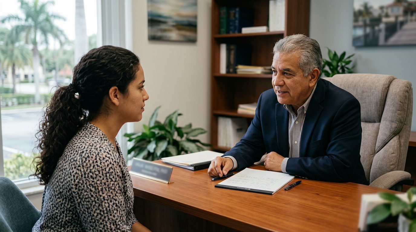 Abogado en oficina de defensa legal con cliente discutiendo caso de violencia doméstica.