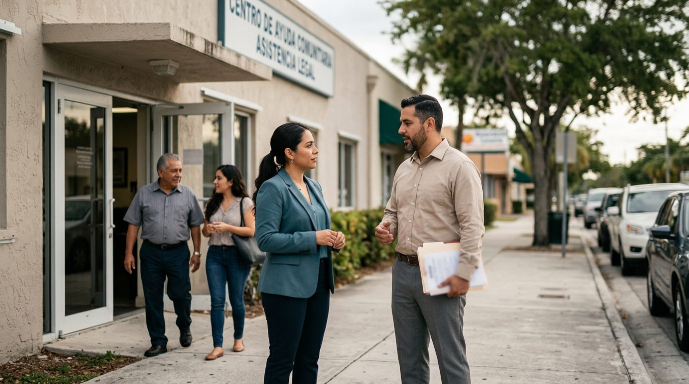 Abogado en oficina de defensa legal con cliente en Homestead.