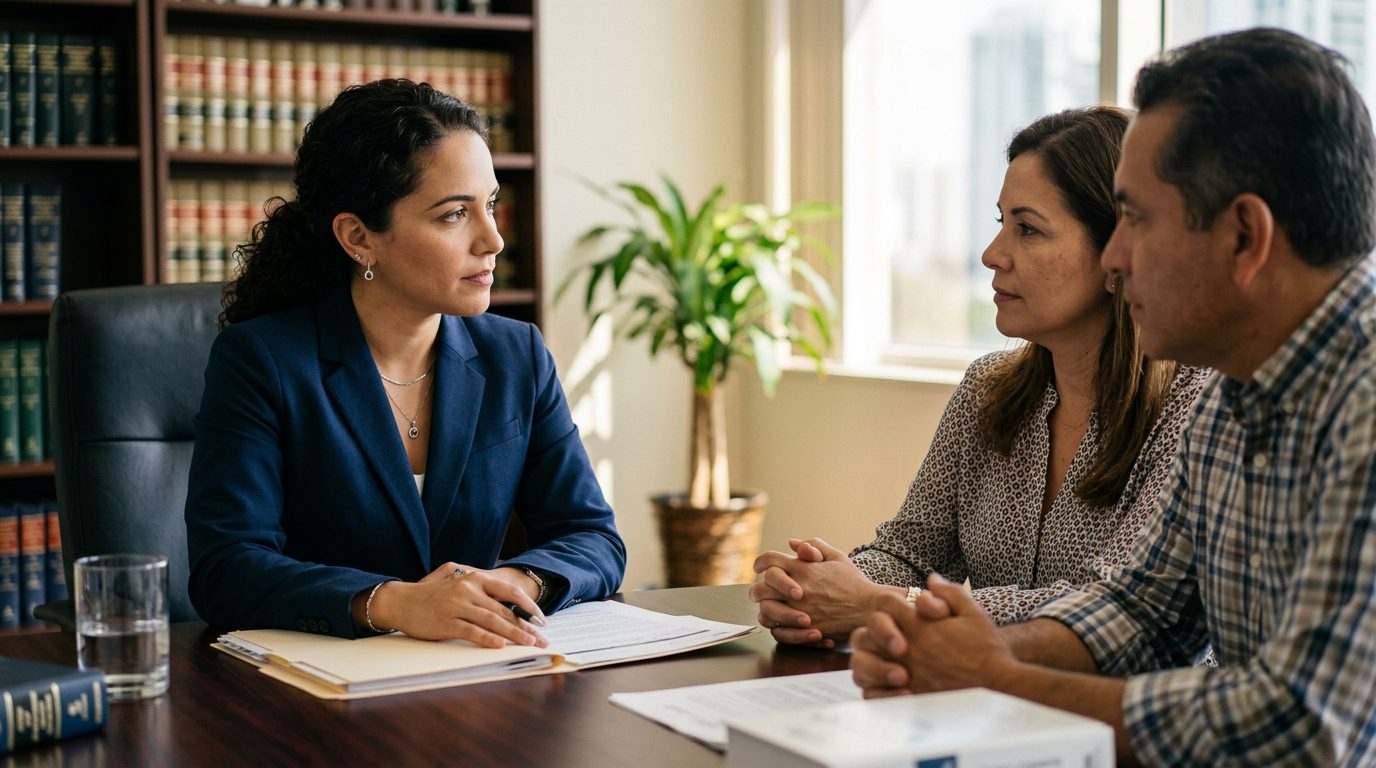 Abogado en oficina de defensa legal con documentos sobre violencia doméstica en Miami.