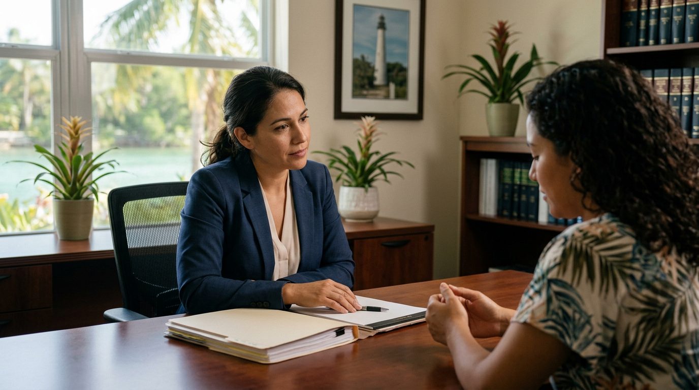 Abogado en oficina de defensa legal revisando documentos con cliente en Florida Keys.