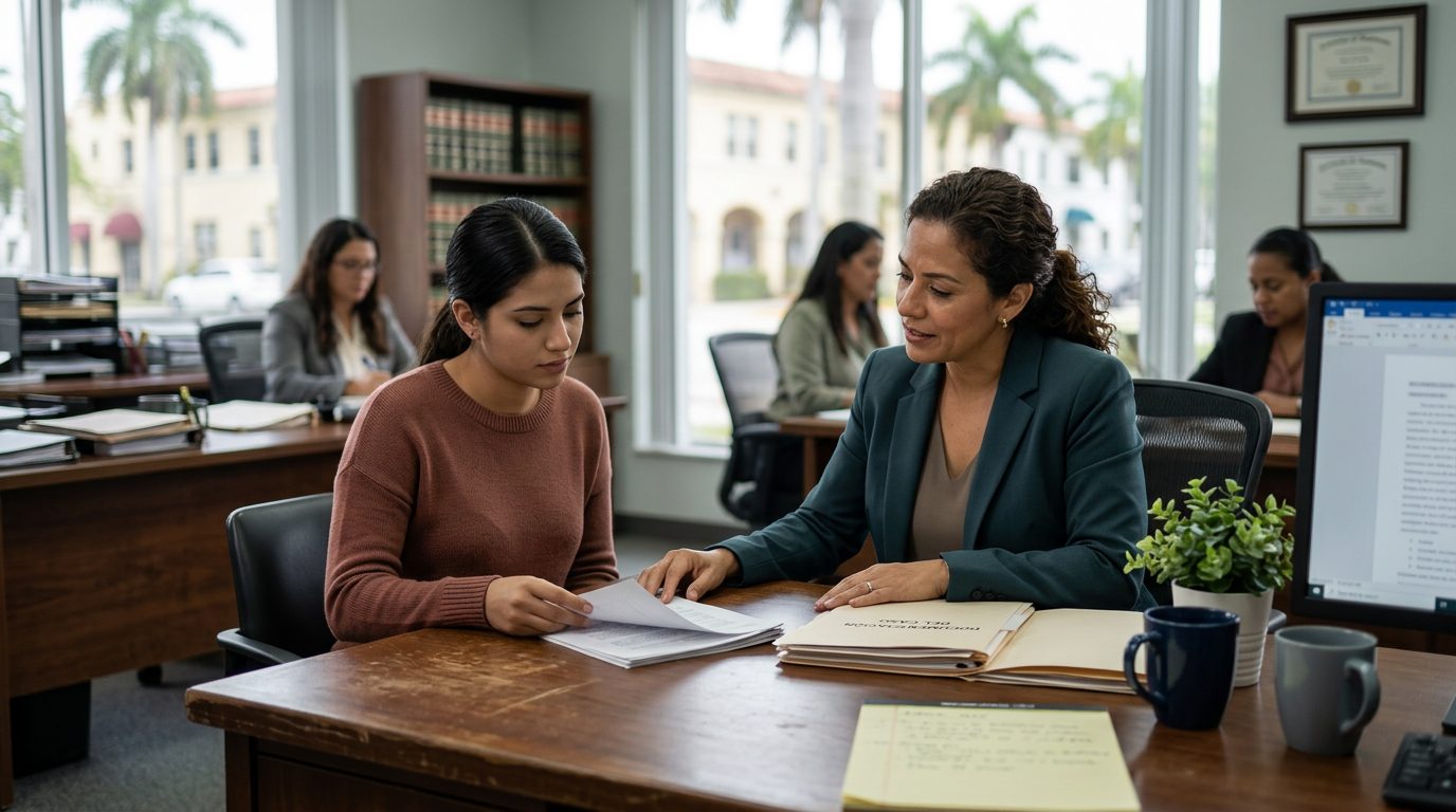 Abogado en oficina de defensa legal revisando documentos con cliente en Miami-Dade.