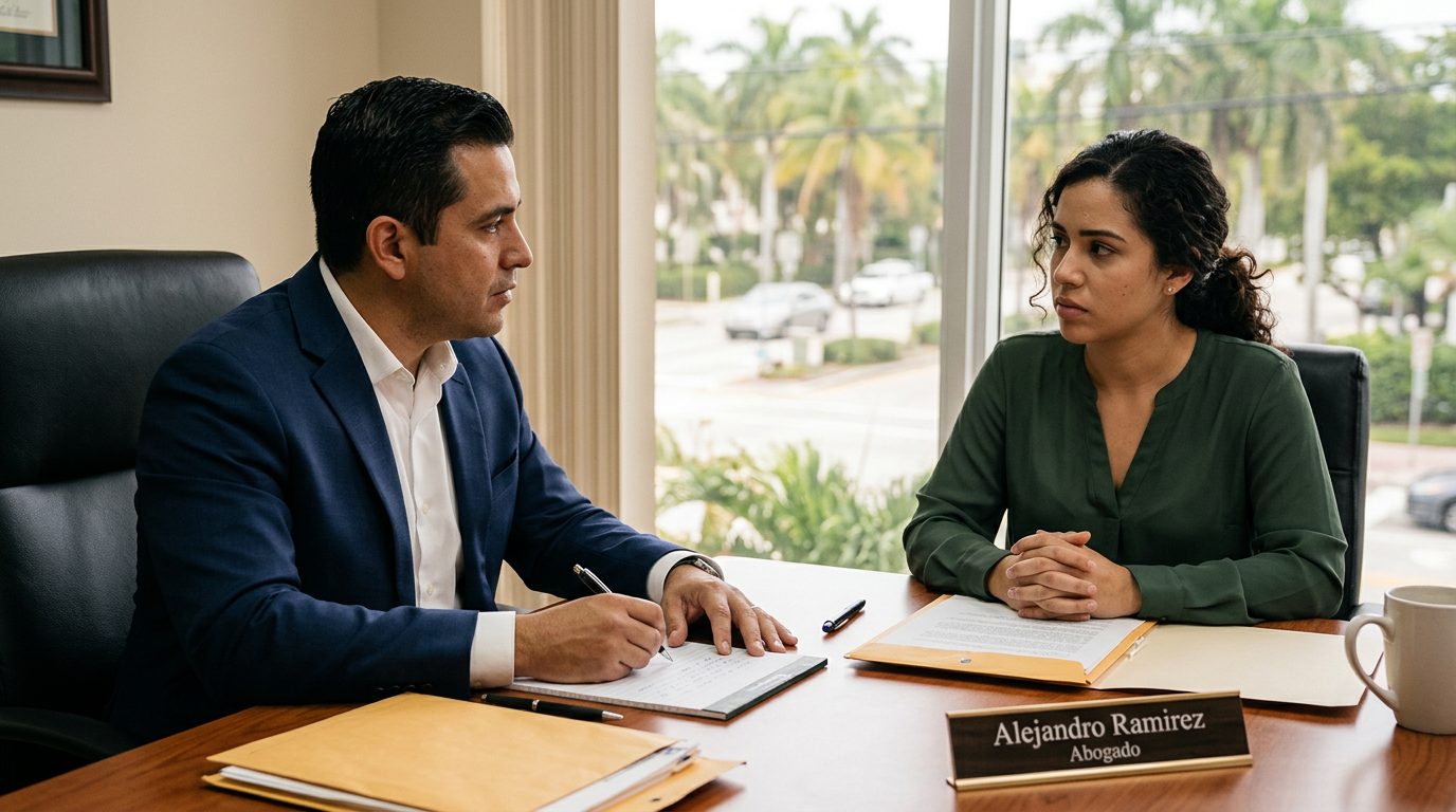 Abogado en oficina de Miami Beach revisando documentos de caso de violencia doméstica.
