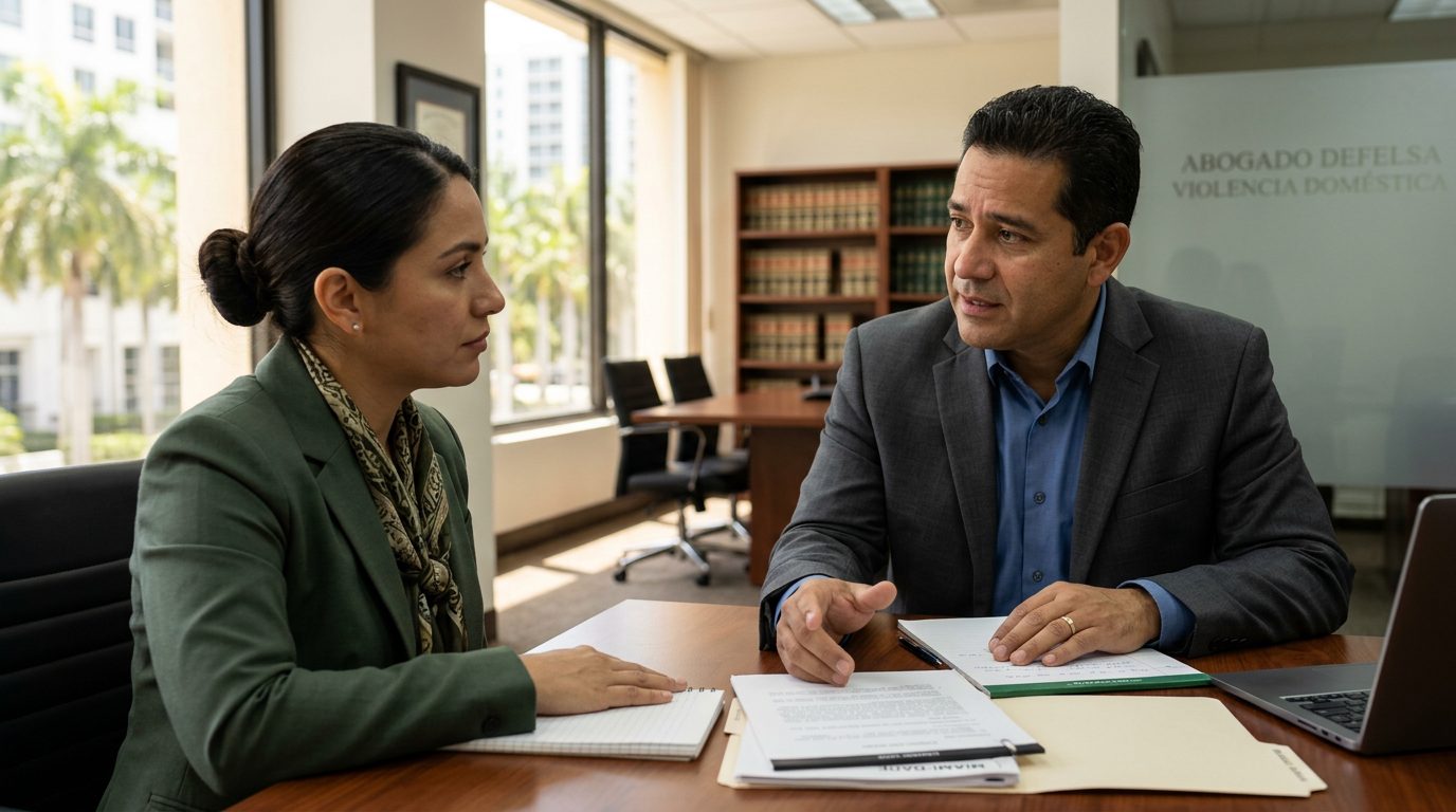 Abogado en oficina legal revisando documentos de caso de violencia doméstica.