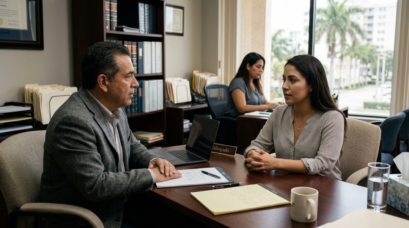 Abogado en oficina legal revisando documentos de caso de violencia doméstica.