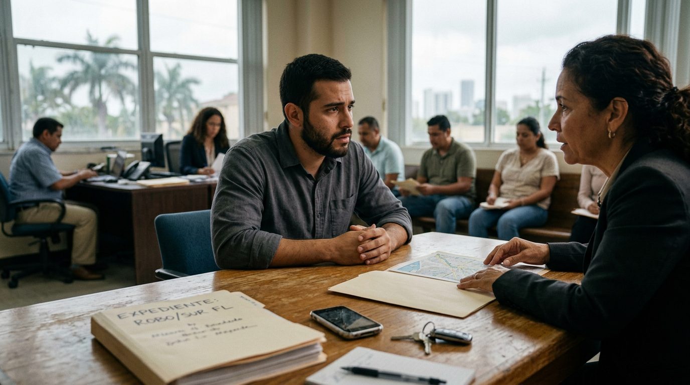 Abogado en oficina legal revisando documentos de defensa penal en Miami.