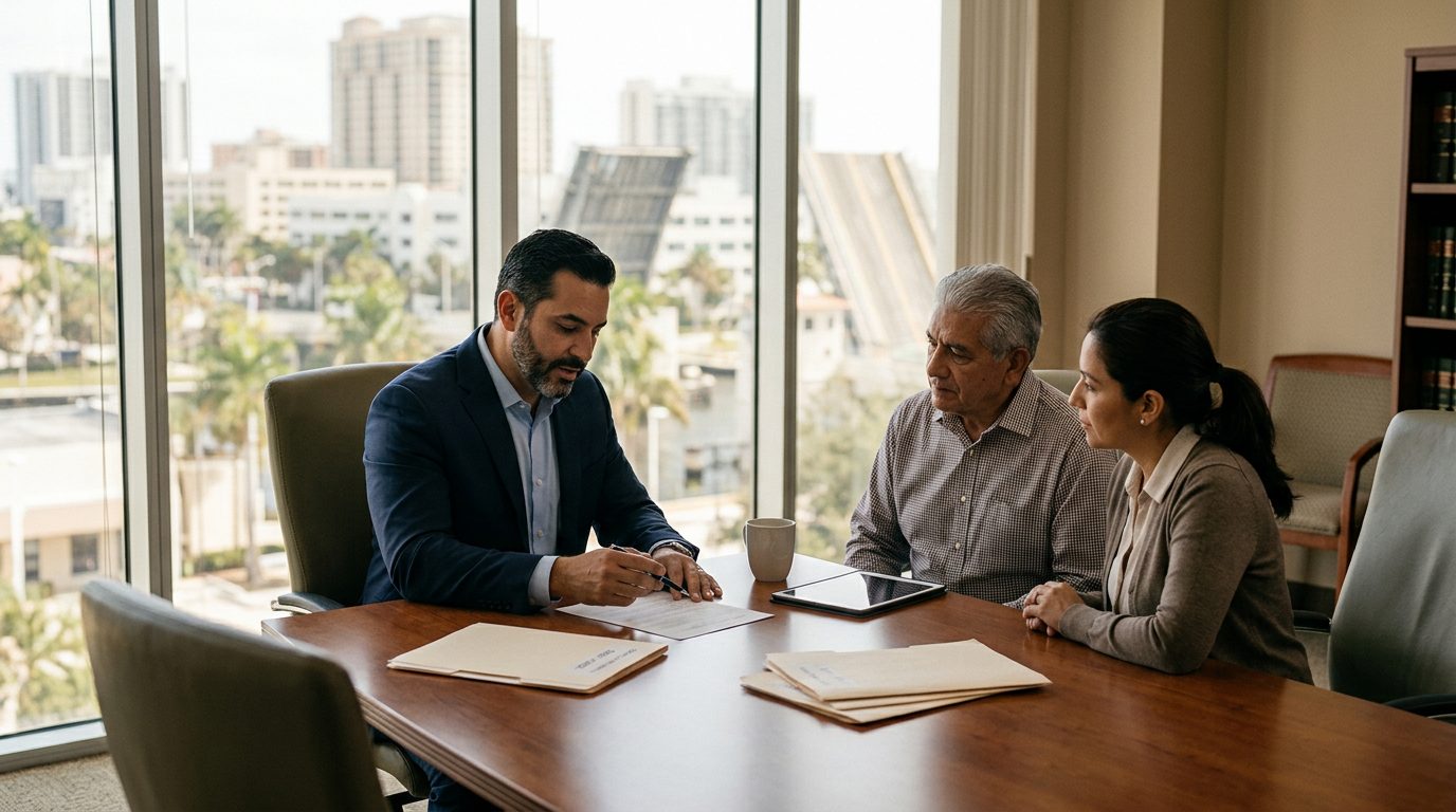Abogado en oficina profesional revisando documentos legales sobre delitos de cuello blanco.