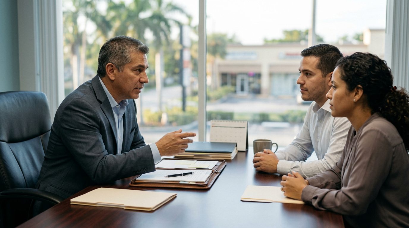Abogado en oficina profesional revisando documentos legales sobre delitos financieros.