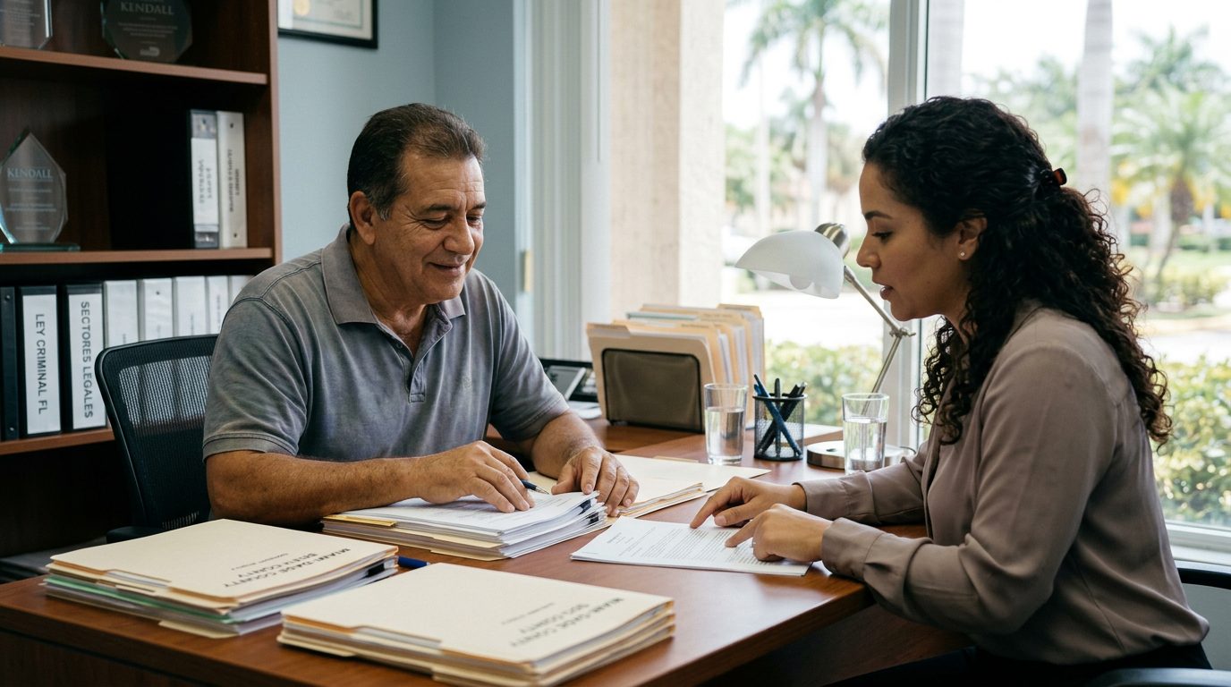 Abogado y cliente discutiendo documentos legales en oficina de Kendall para sellar antecedentes penales.