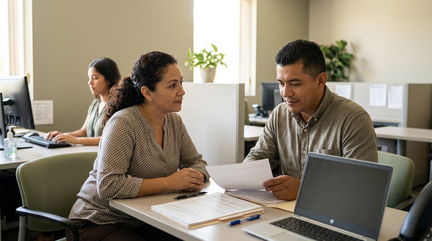 Abogado y cliente discutiendo documentos legales en oficina de Hialeah.